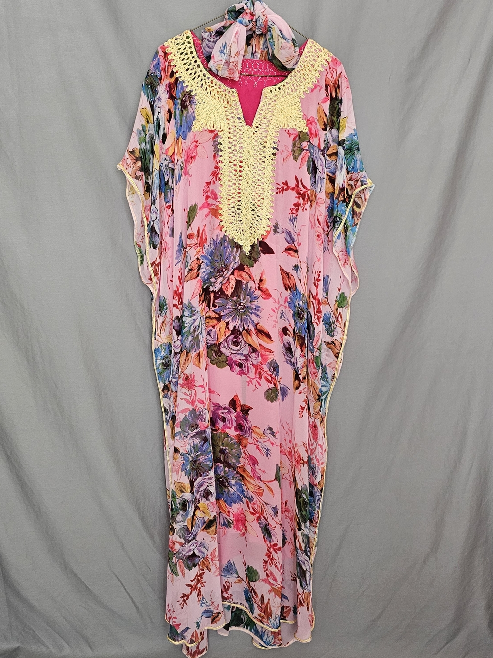 Silk Chiffon Pink Floral Maxi Caftan with Gold Crochet V-Neck